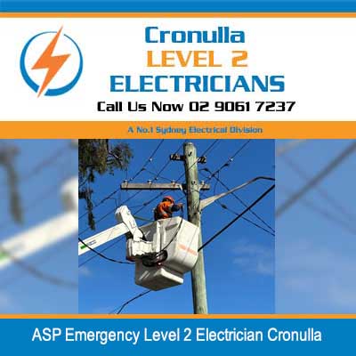 ASP emergency level 2 electrician in cherry picker bucket working on overhead power lines in Cronulla